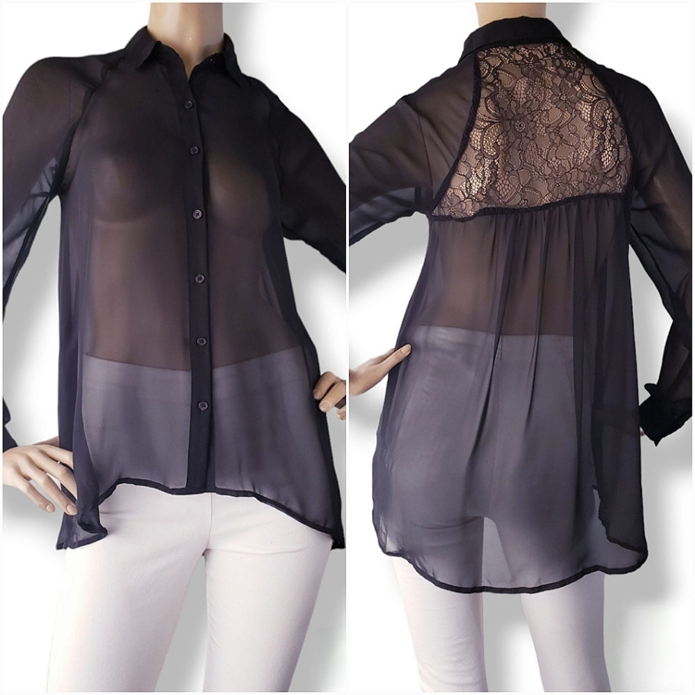 LC Lauren Conrad Black Chiffon & Lace Panel Blouse